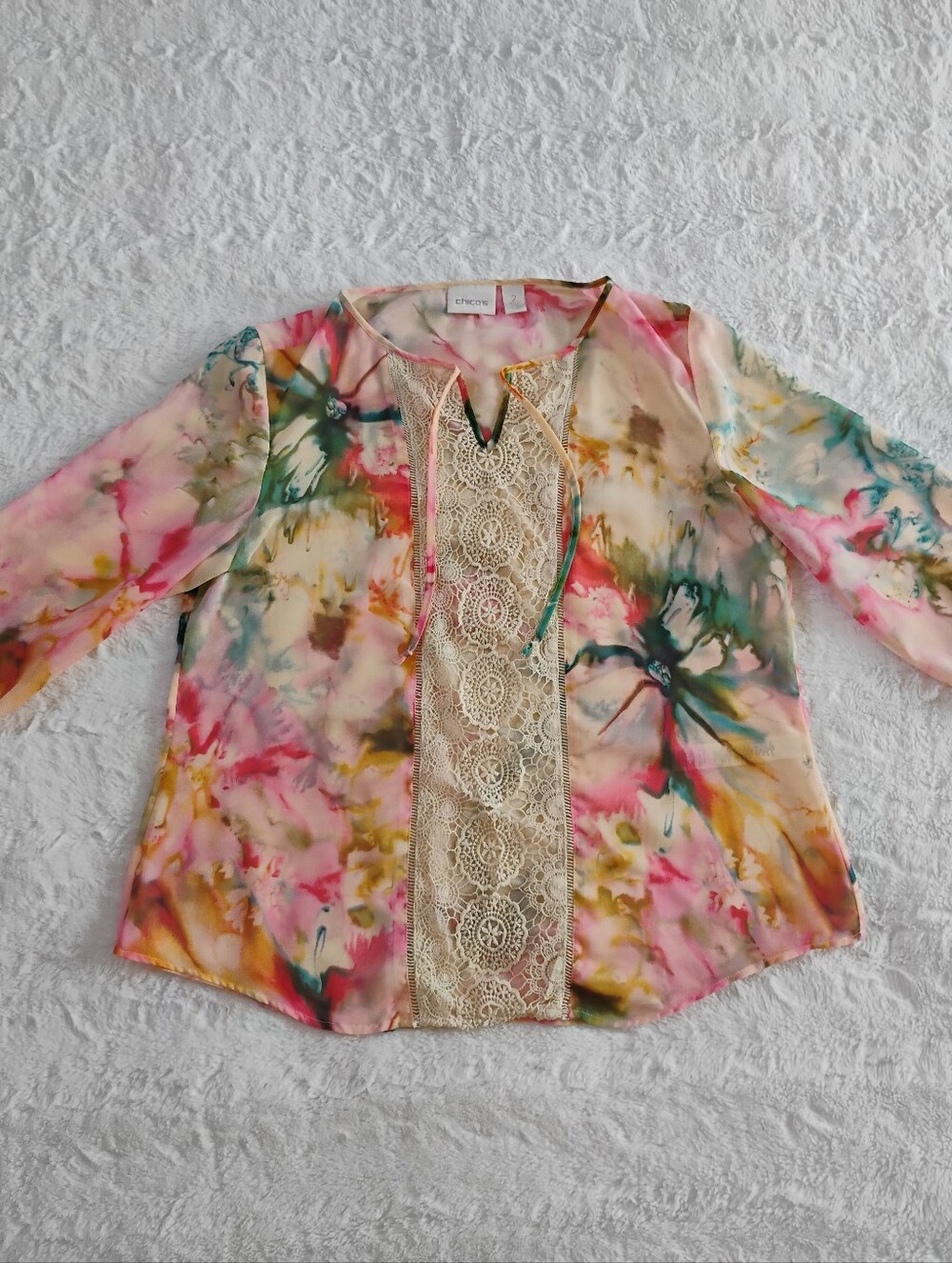 Chico's Watercolor Floral Crochet Sheer Top
